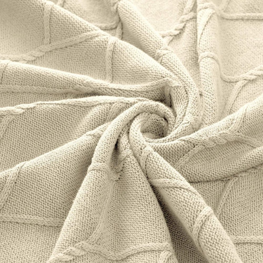 Luxury Cotton Knitted Cable Throw Blanket Cream - Picture 5 of 7